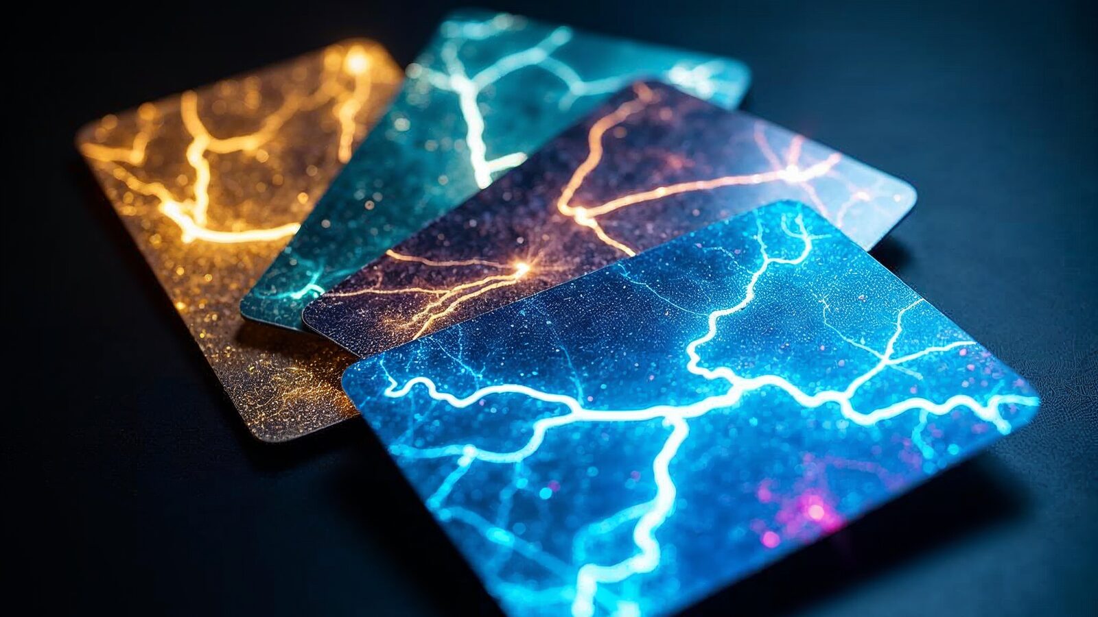 Karty Pokemon w niebiesko-zoltej tonacji elektrycznej