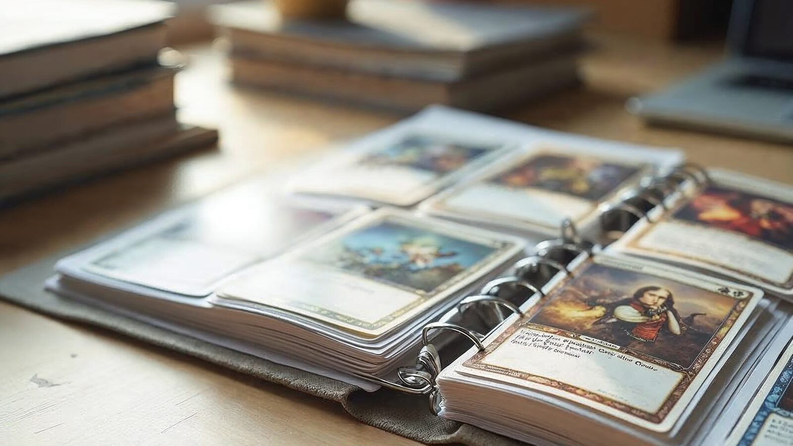 Uporzadkowane karty Pokemon i album kolekcjonerski na biurku