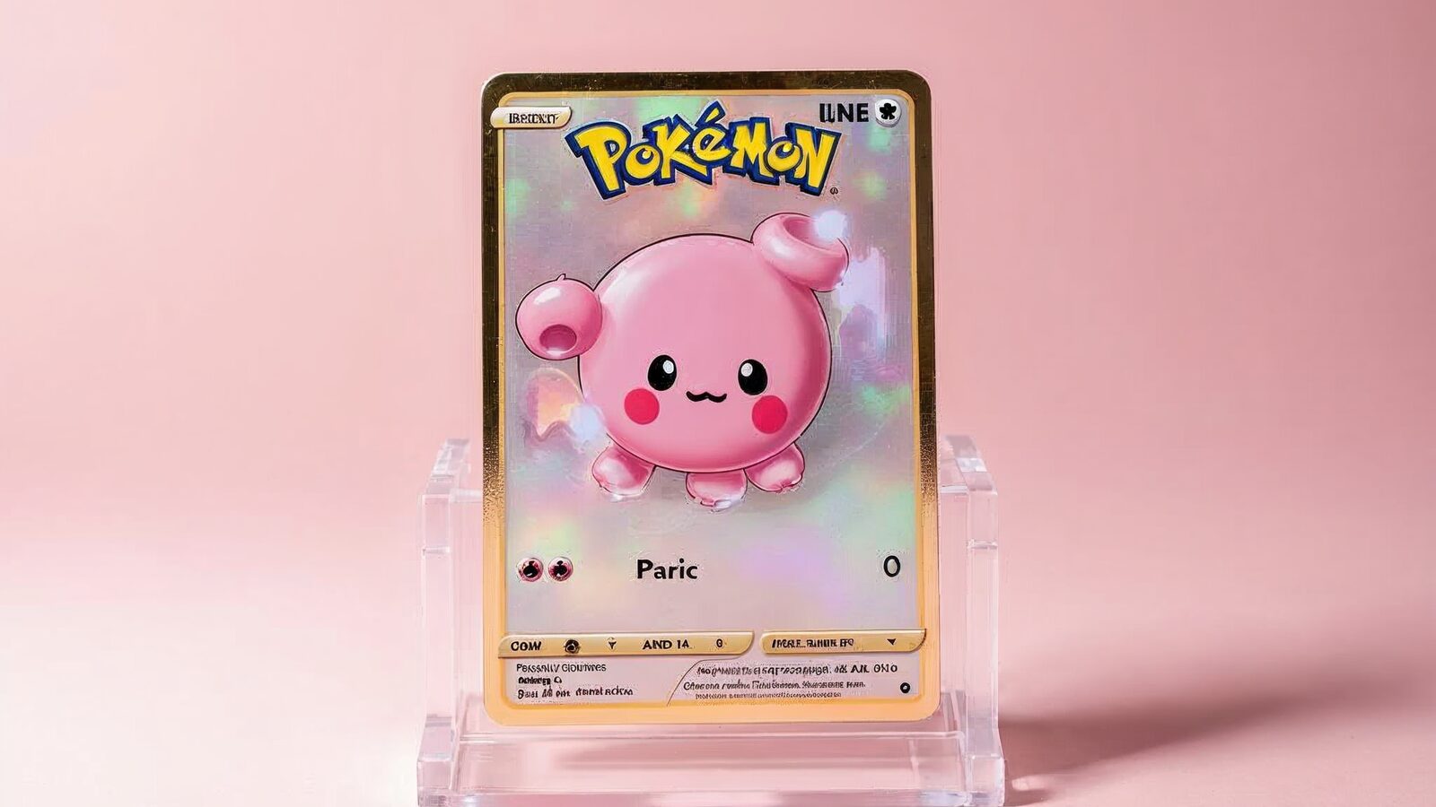 Kolekcjonerska karta Pokemon z rozowym okraglym stworzonkiem w podstawce