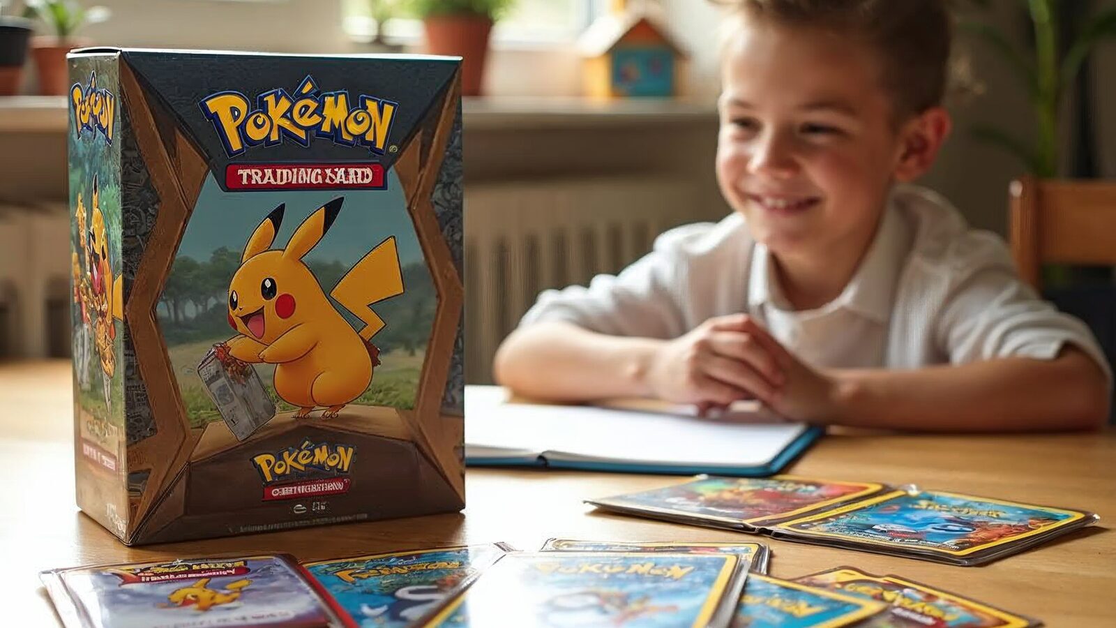 Zestaw startowy kart Pokemon dla dziecka - talia, boostery i album na stole