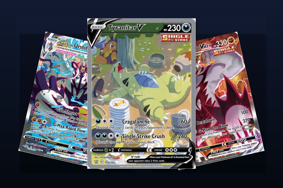 Karty z setu SWSH05 Battle Styles: Tyranitar V, Rapid Strike Urshifu VMAX i Single Strike Urshifu VMAX