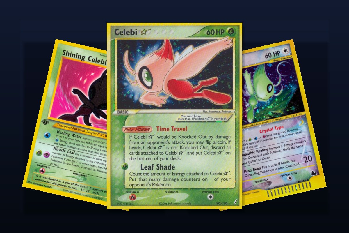 Karty Pokemon z Celebi: Celebi Star z Crystal Guardians, Shining Celebi z Neo Destiny i Crystal Celebi ze Skyridge
