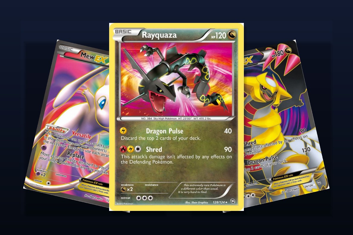 Karty z seta Dragons Exalted: Rayquaza 128/124, Mew EX Full Art i Giratina EX Full Art