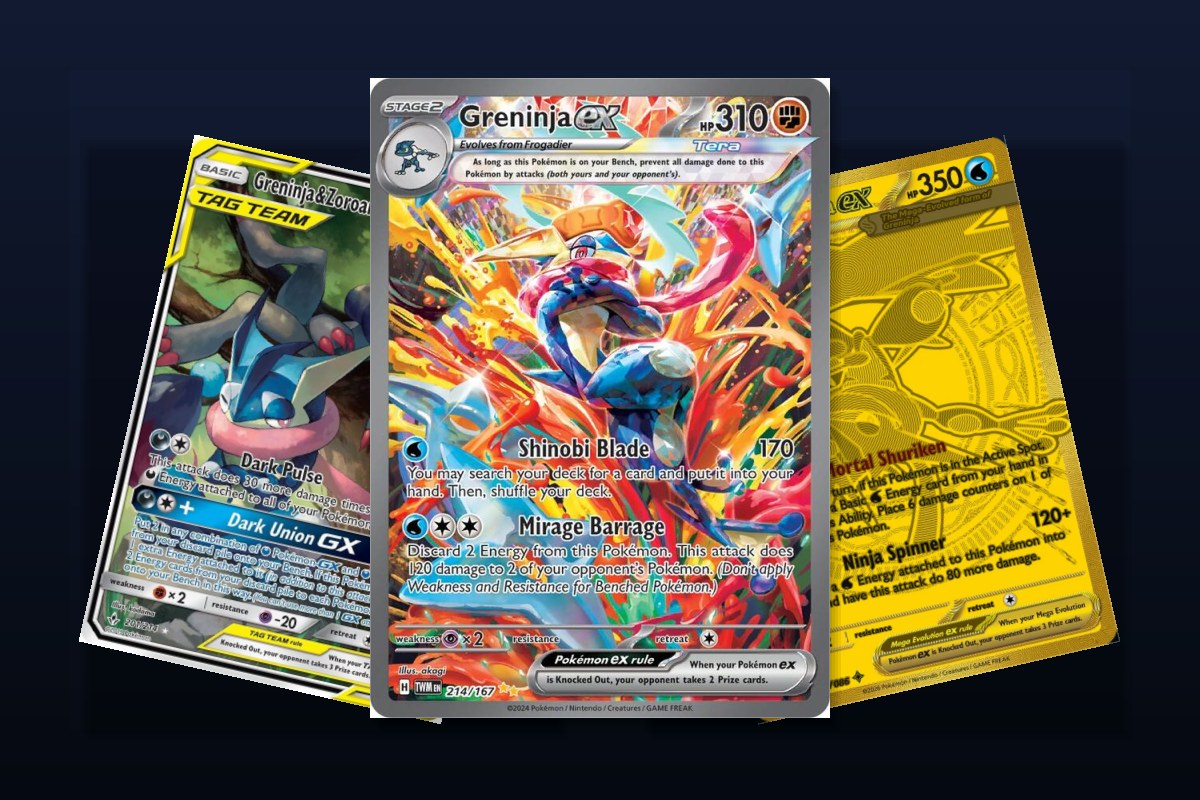 Karty Pokemon Greninja: Greninja ex 214/167, Greninja i Zoroark GX oraz Mega Greninja ex