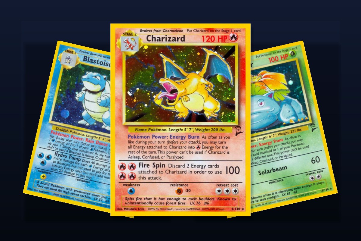 Karty Charizard, Blastoise i Venusaur z seta Base Set 2