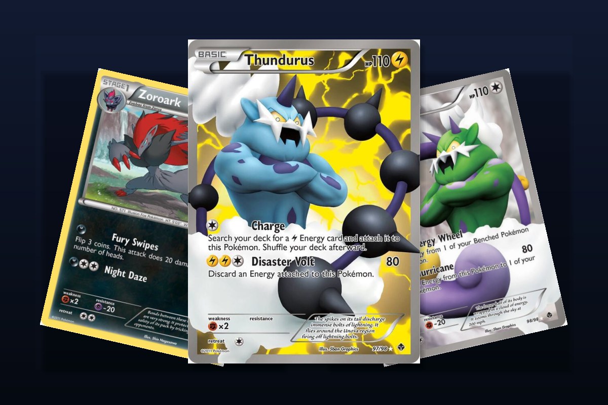 Karty z setu Pokemon Emerging Powers: Thundurus Full Art, Zoroark i Tornadus Full Art