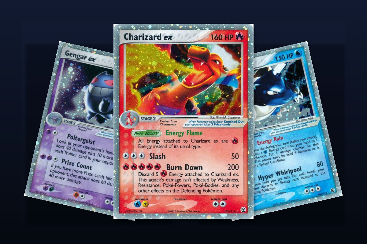 Karty Charizard ex, Gengar ex i Blastoise ex z seta FireRed LeafGreen
