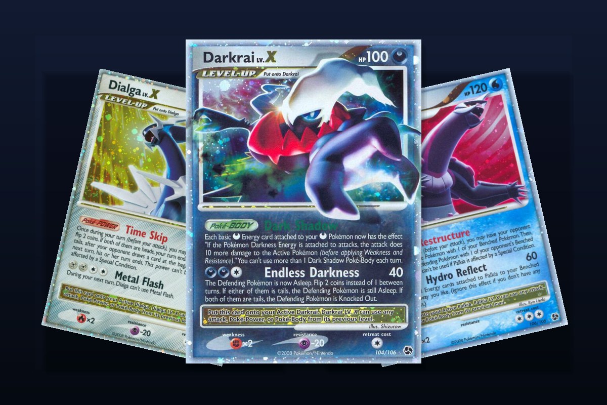 Karty z setu Pokemon Great Encounters: Darkrai LV.X, Dialga LV.X i Palkia LV.X