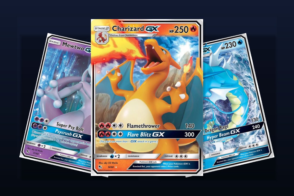 Karty z setu Hidden Fates: Charizard GX, Mewtwo GX i Gyarados GX