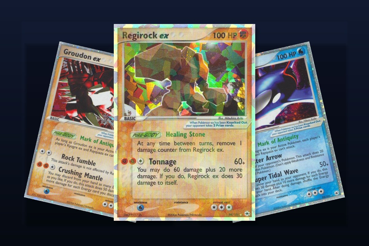 Karty z setu Pokemon Hidden Legends: Regirock ex, Groudon ex i Kyogre ex