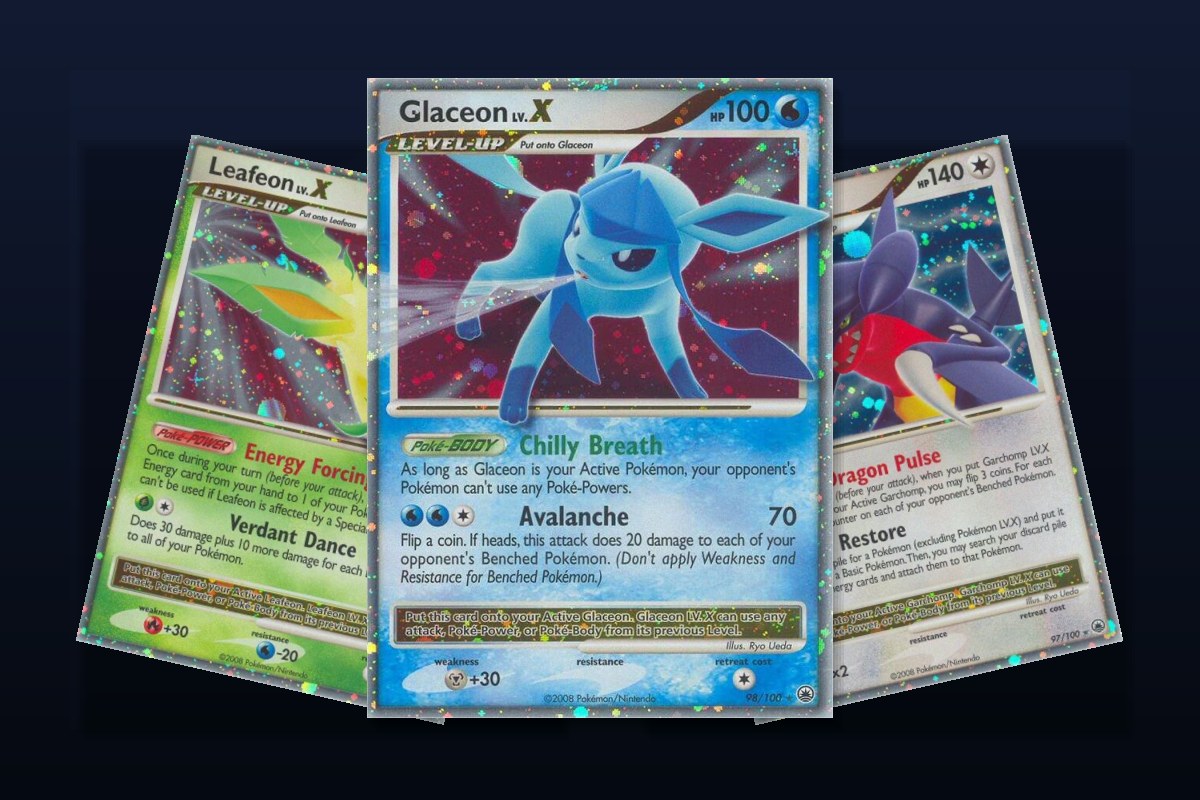 Karty LV.X z seta Majestic Dawn: Glaceon, Leafeon i Garchomp