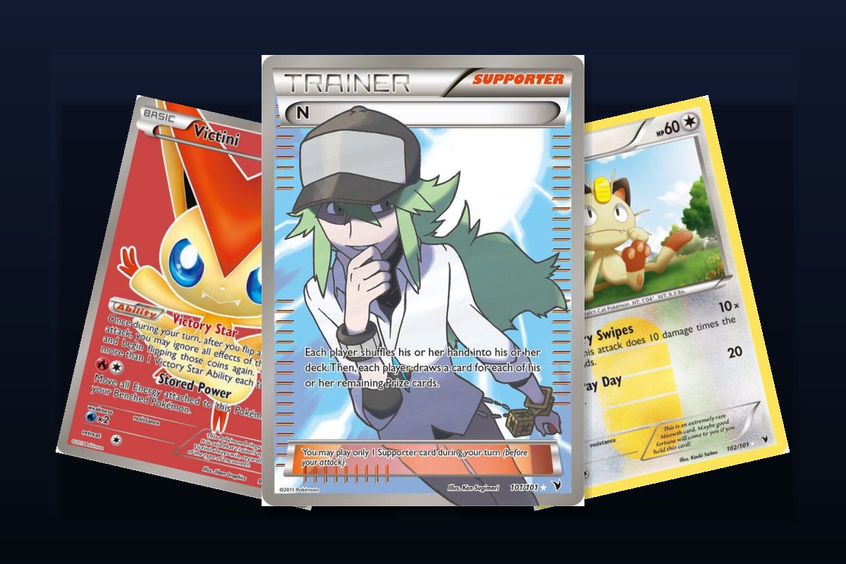 Karty z seta Noble Victories: N Full Art, Victini Full Art i Meowth 102/101
