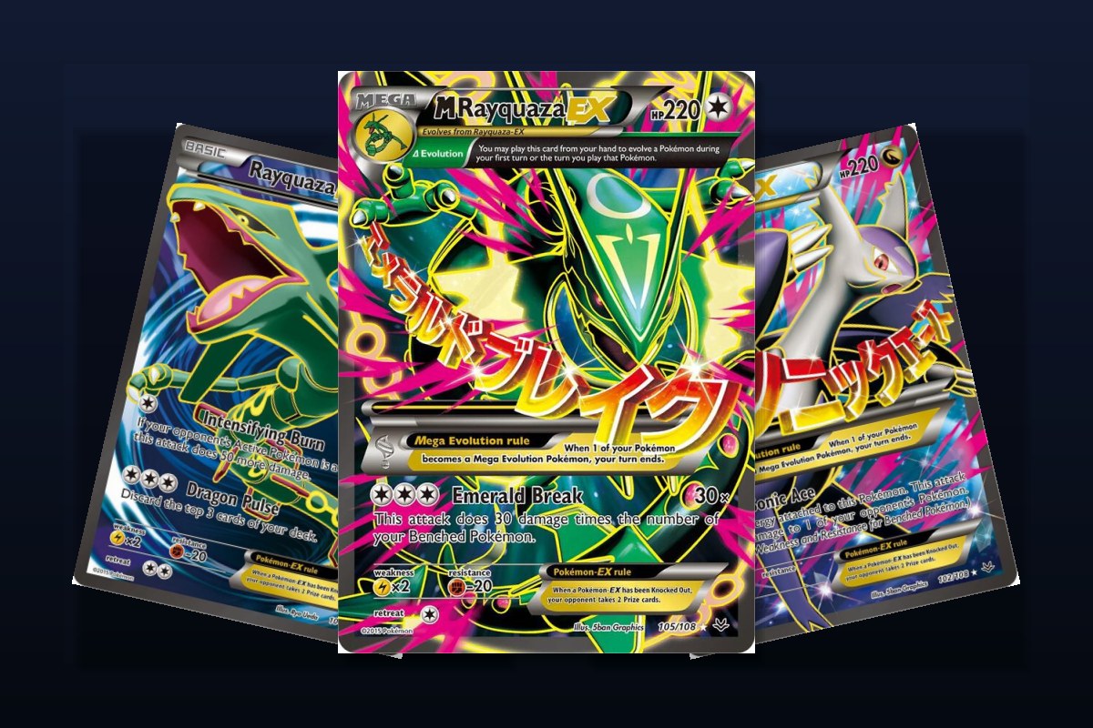 Karty z setu XY Roaring Skies: M Rayquaza EX i M Latios EX