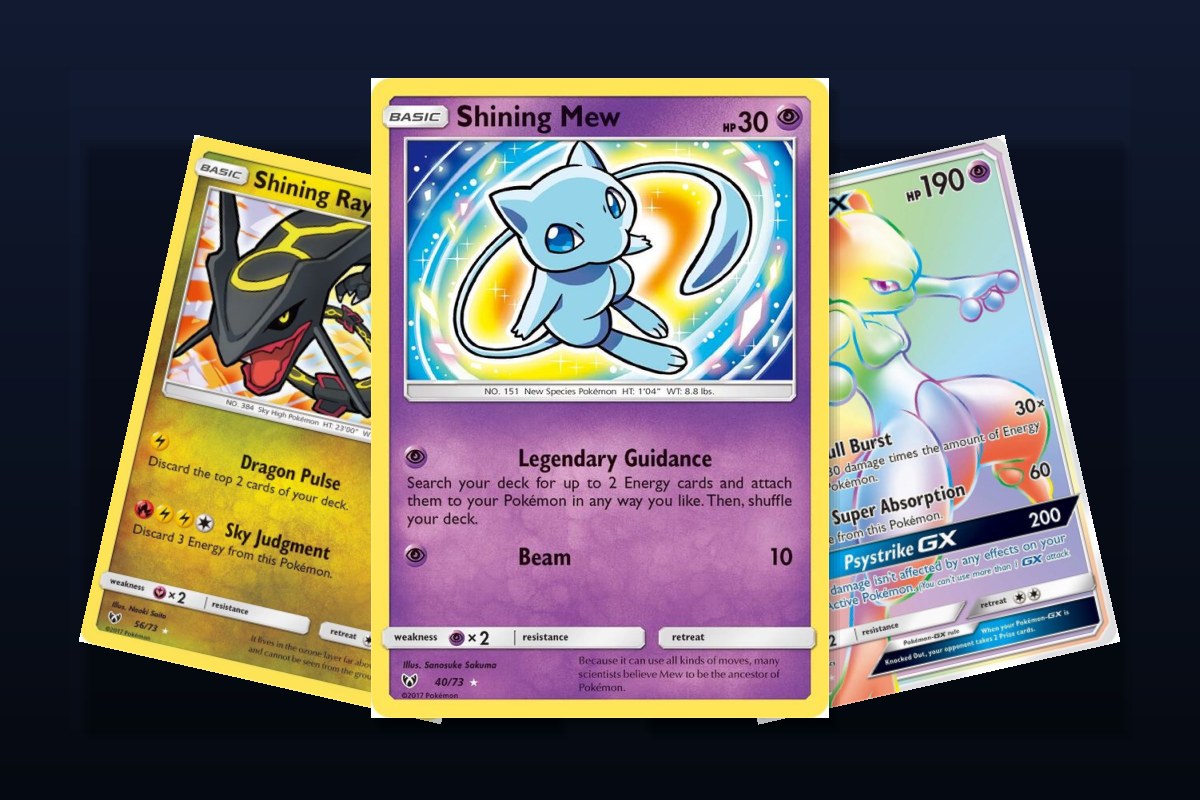 Karty z setu Shining Legends: Shining Mew, Shining Rayquaza i Mewtwo GX Secret