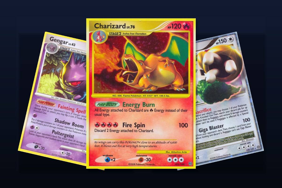 Karty z setu Pokemon Stormfront: Charizard 103/100, Gengar 18/100 i Regigigas LV.X