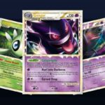Karty z setu Pokemon Triumphant: Gengar Prime, Celebi Prime i Mew Prime