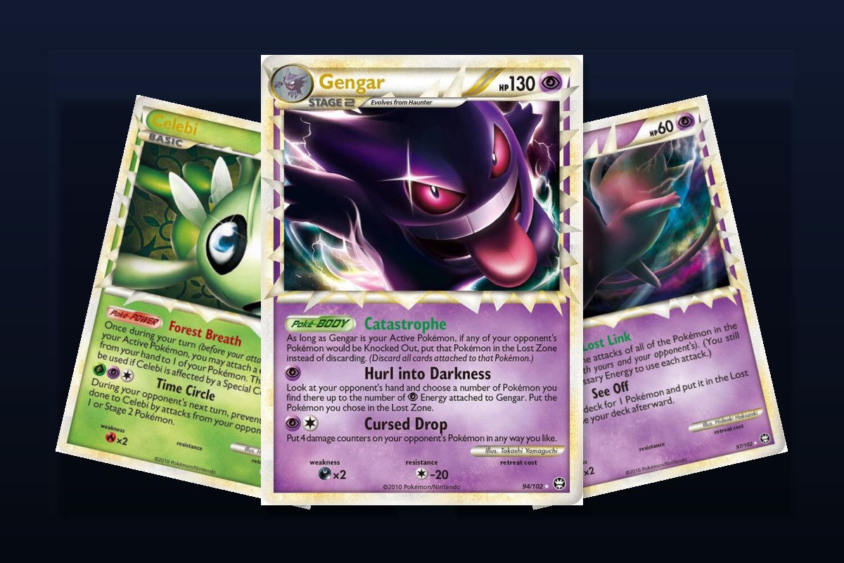Karty z setu Pokemon Triumphant: Gengar Prime, Celebi Prime i Mew Prime