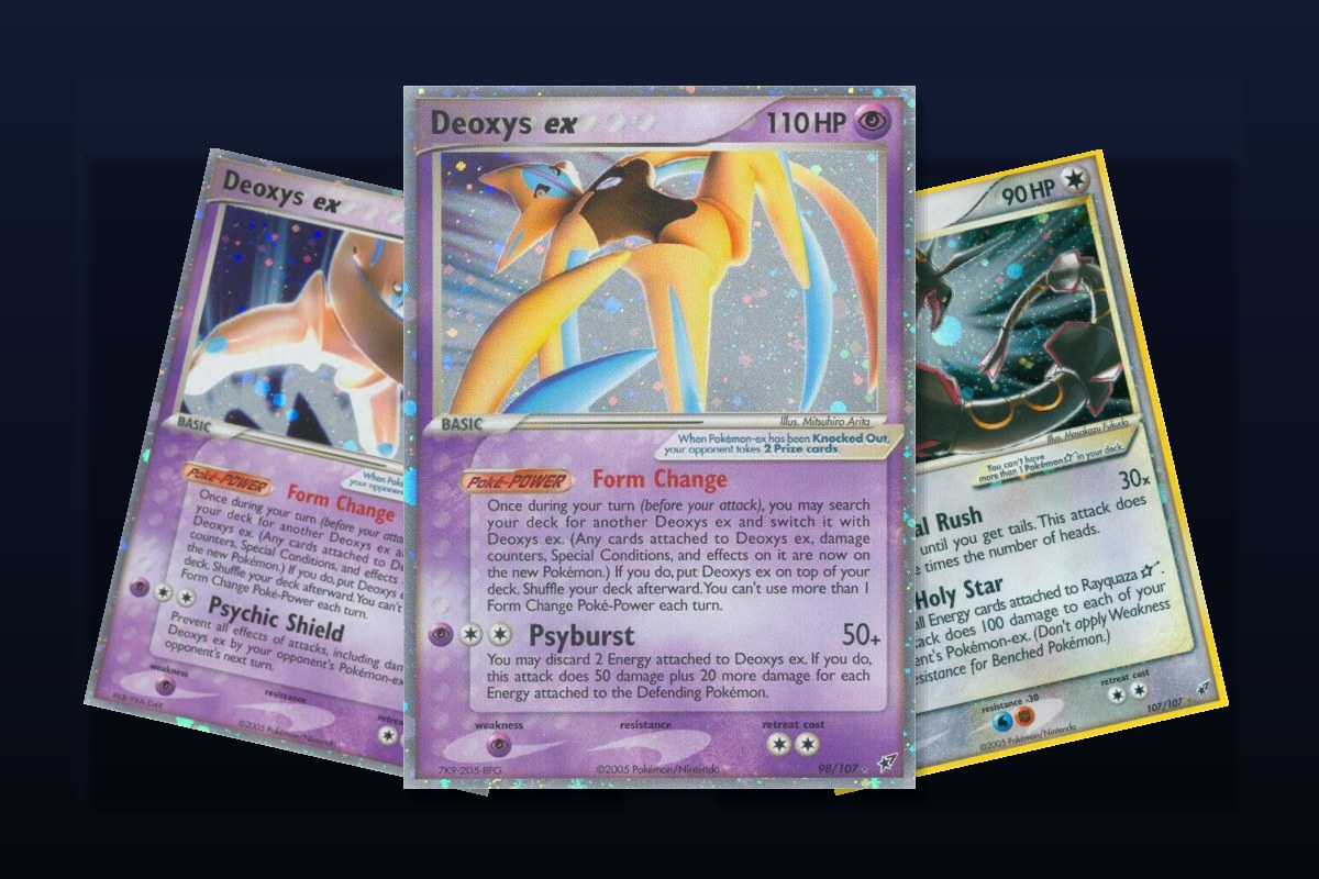 Karty Deoxys z setu EX Deoxys - formy Attack i Defense oraz Rayquaza Star