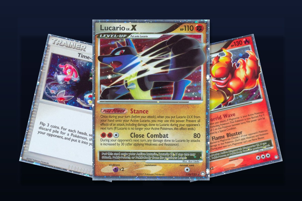 Karty z seta Mysterious Treasures: Lucario LV.X, Time-Space Distortion i Magmortar Lv.X