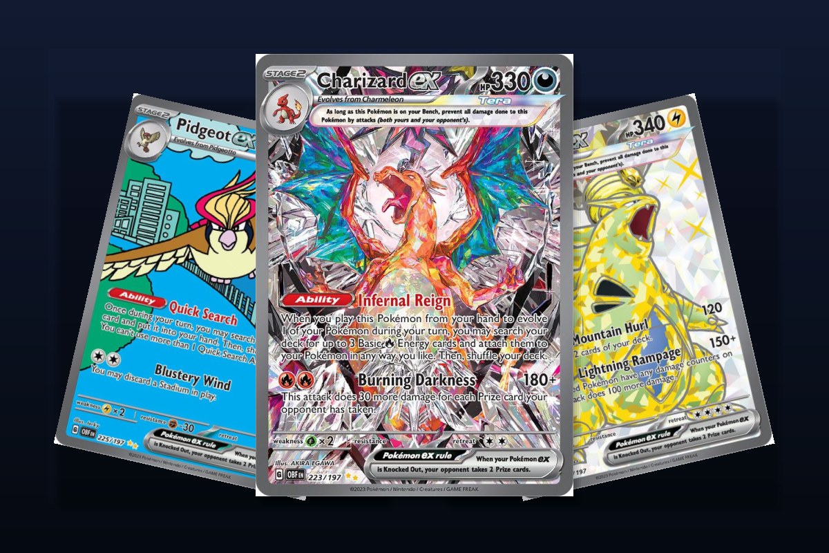 Karty z setu Pokemon SV03 Obsidian Flames: Charizard ex, Pidgeot ex i Tyranitar ex