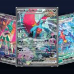 Karty z setu Pokemon SV04 Paradox Rift: Roaring Moon ex, Iron Valiant ex i Garchomp ex