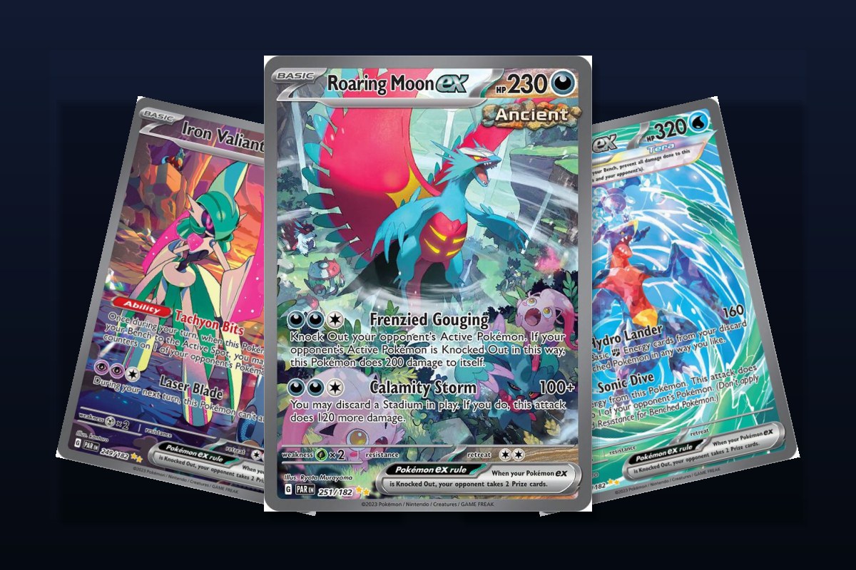 Karty z setu Pokemon SV04 Paradox Rift: Roaring Moon ex, Iron Valiant ex i Garchomp ex