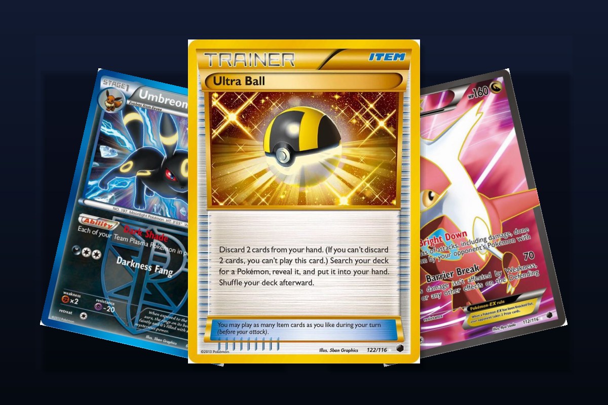 Karty z seta Plasma Freeze: Ultra Ball 122/116, Umbreon Team Plasma 64/116, Latias EX Full Art 112/116