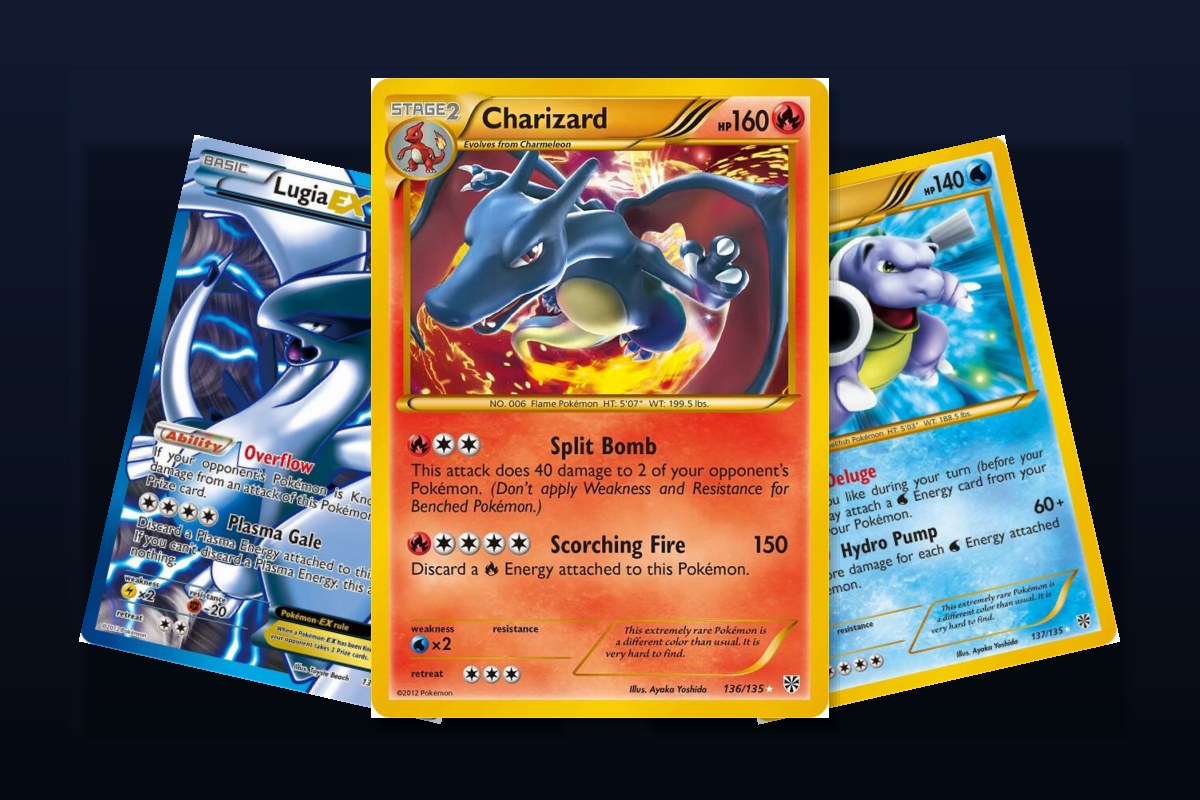 Karty Pokemon z setu Plasma Storm: Charizard 136/135, Lugia EX Full Art i Blastoise 137/135