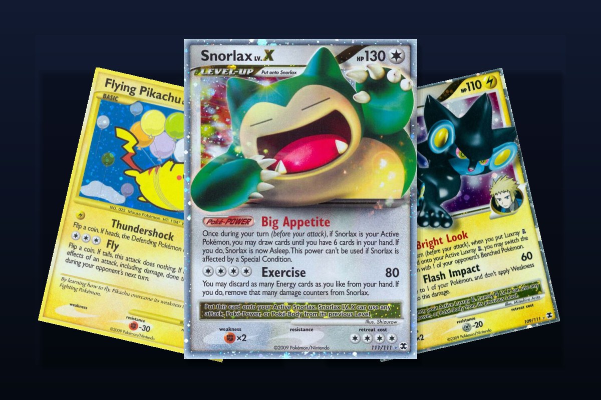 Karty z seta Rising Rivals: Snorlax Lv.X 111/111, Flying Pikachu 113/111, Luxray GL Lv.X 109/111