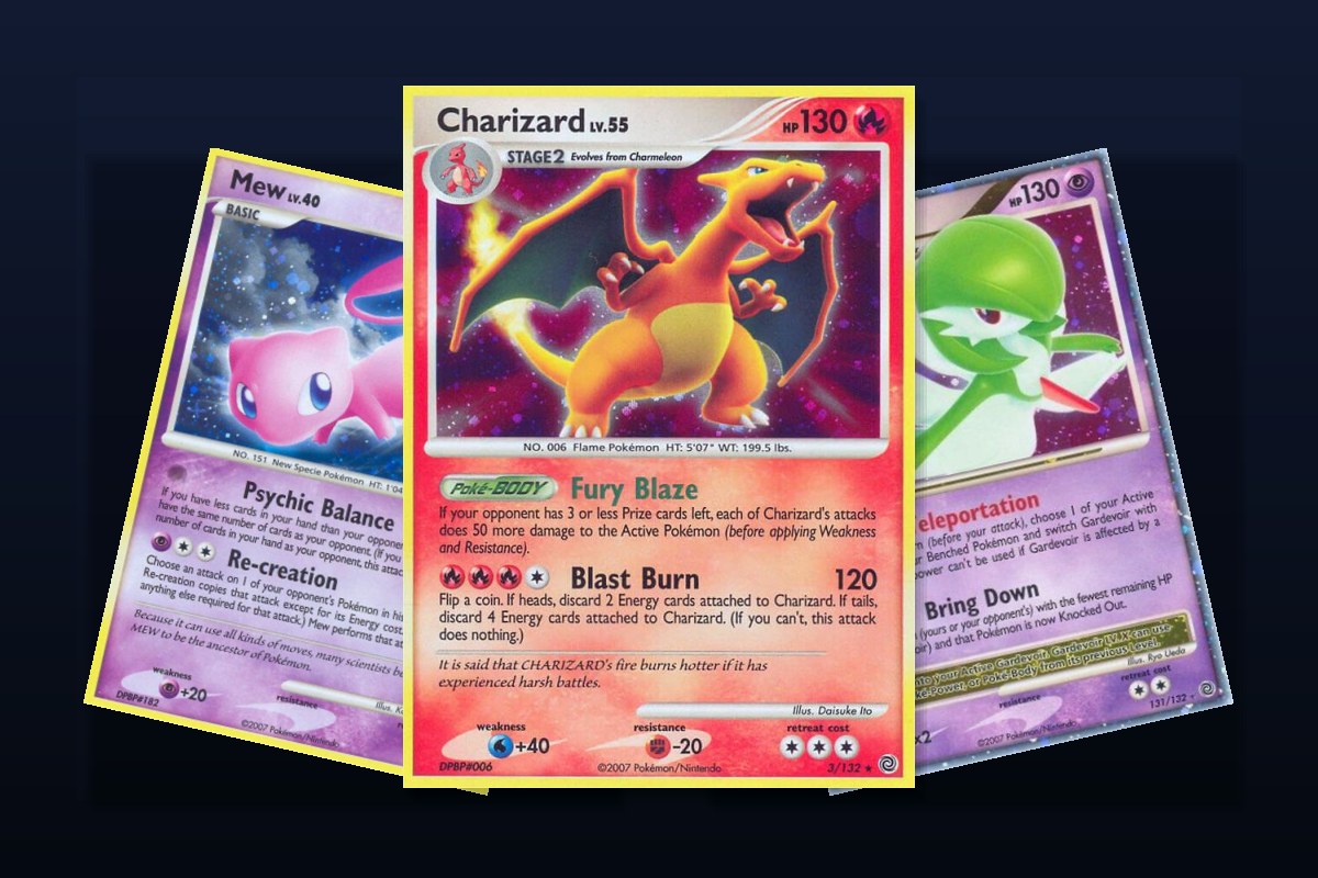 Karty Pokemon z setu Secret Wonders: Charizard 3/132, Mew 15/132 i Gardevoir LV.X 131/132