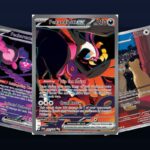 Karty z setu Pokemon TCG Shrouded Fable: Fezandipiti ex, Pecharunt ex i Persian