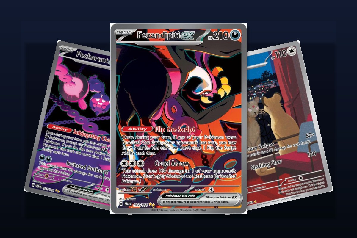 Karty z setu Pokemon TCG Shrouded Fable: Fezandipiti ex, Pecharunt ex i Persian