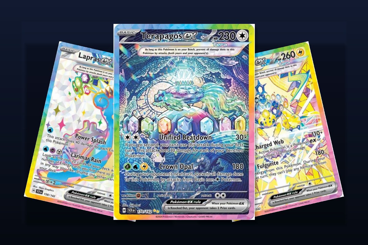 Karty z setu Pokemon TCG Stellar Crown - Terapagos ex, Lapras ex, Galvantula ex