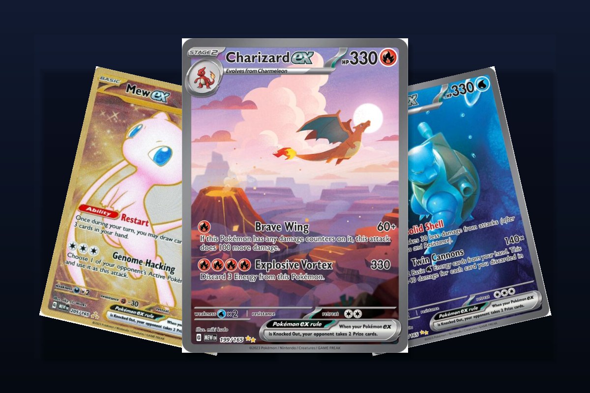 Karty Charizard ex, Mew ex i Blastoise ex z seta Scarlet i Violet 151