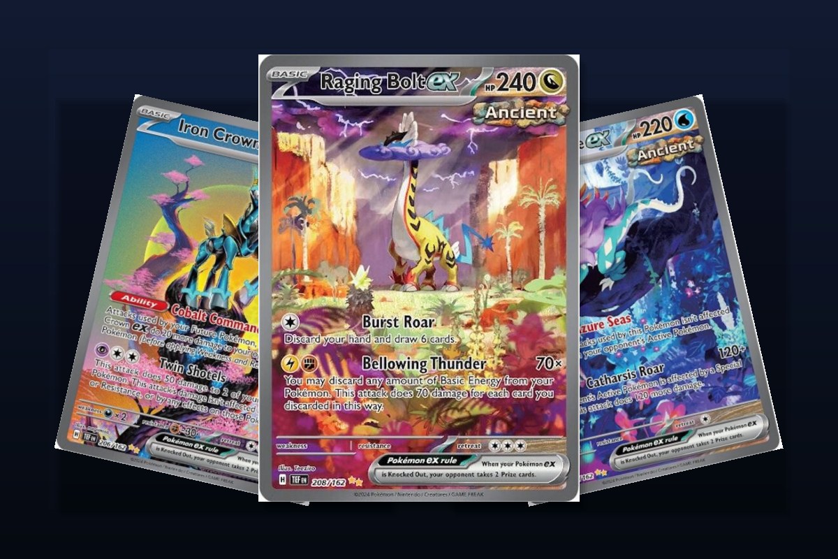 Karty Raging Bolt ex, Iron Crown ex i Walking Wake ex z seta SV05 Temporal Forces