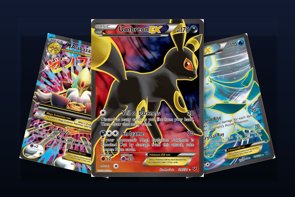 Karty Umbreon EX, M Alakazam EX i Glaceon EX z setu XY Fates Collide