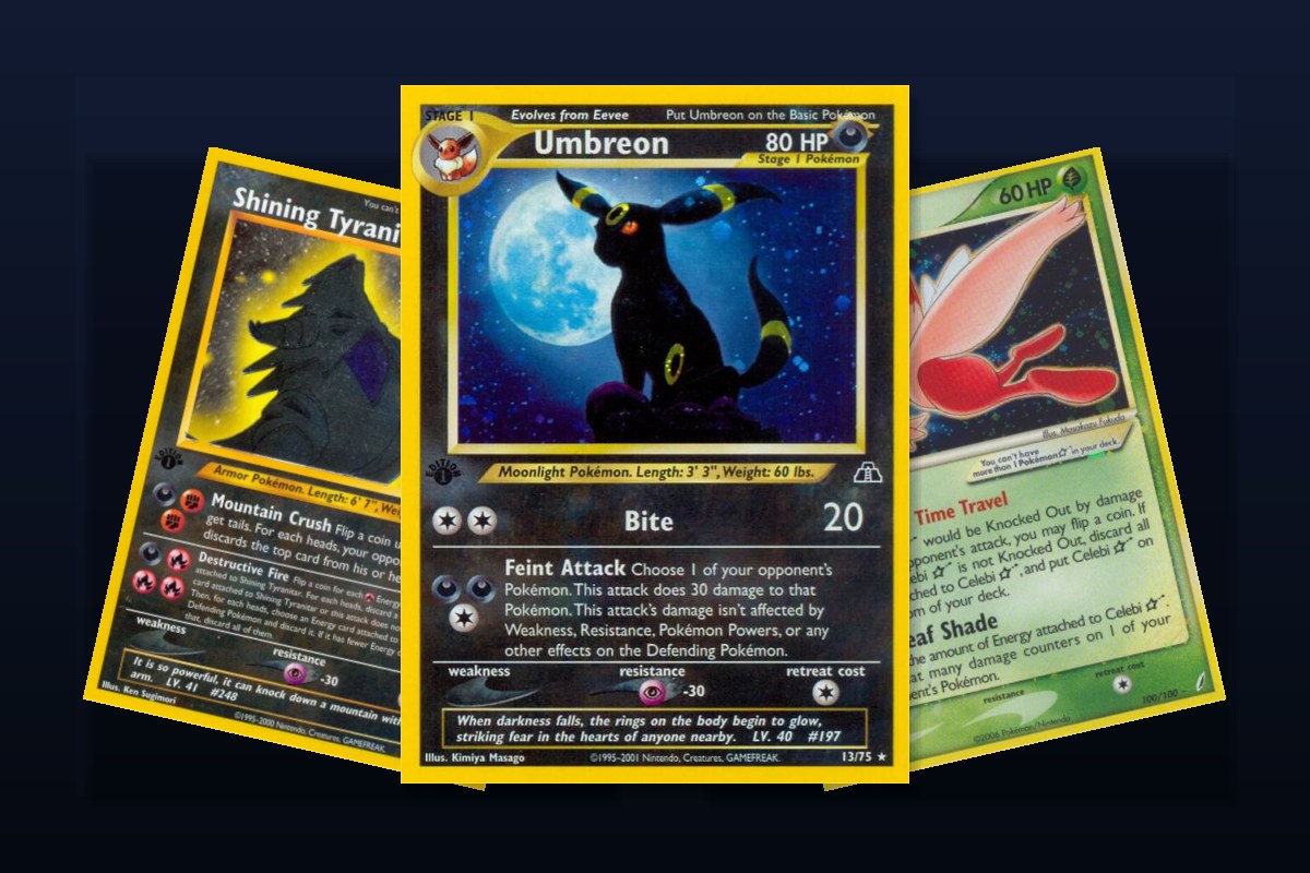 Wartosciowe karty Pokemon: Umbreon z Neo Discovery, Shining Tyranitar i Celebi Star
